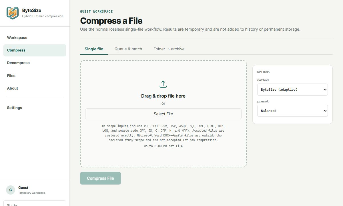 ByteSize guest compression workspace with file chooser and method options