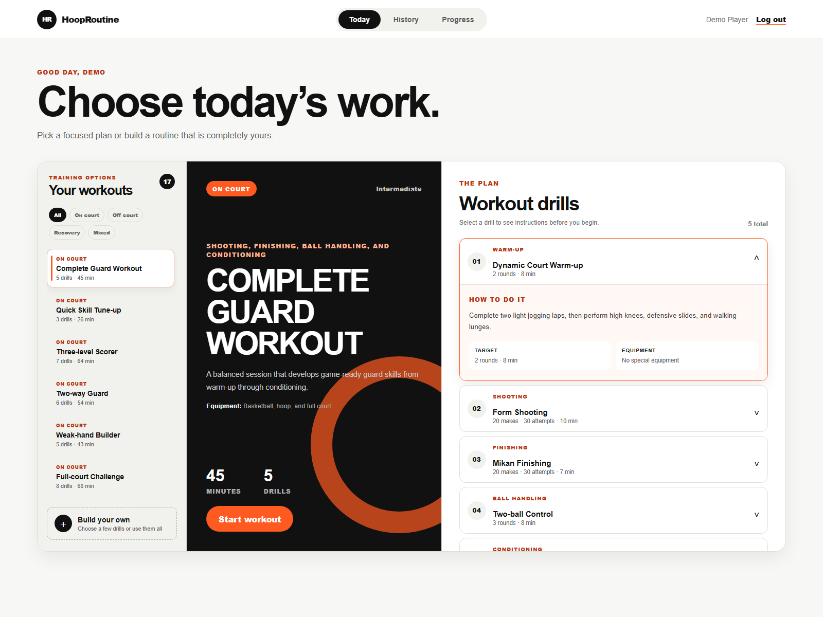 HoopRoutine Today page with workout and drill guidance